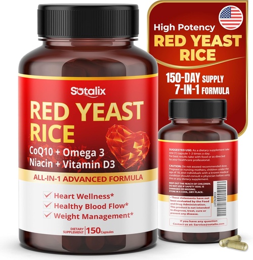 [BRSROHQQOUHGMD3P] Ultra Red Yeast Rice with CoQ10, Omega 3 Niacin, Vitamin D3 for Overall Well-Being, Immune System Support - USA Made & Tested (150 Count (Pack of 1))