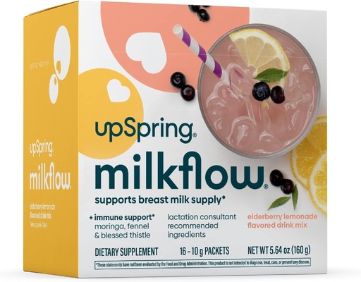 [BRSROYDYOICBG3A2] UpSpring Milkflow Immune Support Breastfeeding Supplement Drink Mix Fenugreek-Free, Moringa Elderberry Lemonade Flavor, Lactation Supplement to Support Breast Milk Supply, 16 Mixes