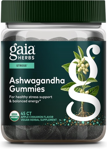 [BRSW2GDYDEOWMG37] Gumi Organik Gaia Herbs Ashwagandha, Dukungan Stress, Cinnamon, Ginger, Gluten Bebas, Vegan, 45 Count