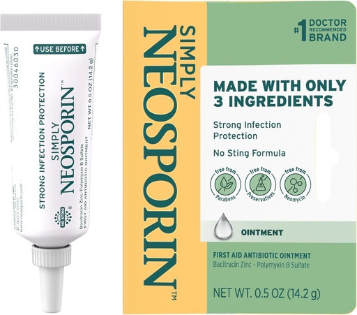 [BRSWYZL4OYBG22TP] Neosporin Simply Formula 3-Ingredient First Aid Antibiotic Ointment and Wound Care Treatment with Bacitracin Zinc and Polymyxin B Sulfate, Preservative-, Paraben- and Neomycin-Free, 0.5 oz