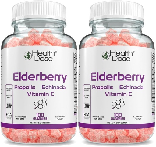[BRSW2GQFPIIGKYLV] Health Dose Elderberry Sambucus Gummy Vitamins Kids 100 Gummies. with Propolis Extract, Echinacea, Vitamin C, Yummy Raspberry Flavor, Vegan, Gluten-Free, Defense, Immune Support Booster. Pack of 2
