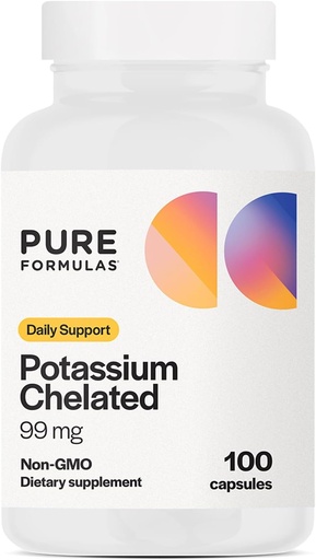 [BRSROAYOAQCBMCY2] PureFormulas Potassium Supplement Chelated 99 мг Високоабсорбовані Pure Potassium Formula for Energy, Nerve, М'язи, Kidney, Серце, Skeletal Support, Non-GMO - 100 Вегетаріанські капсули