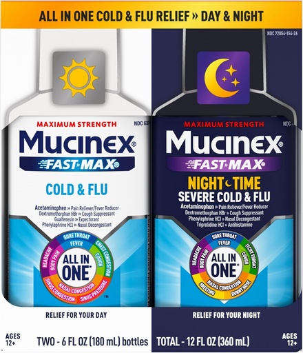 [BRSWY2T2OUBAAD34] Mucinex Fast-Max Ψυχρό και Γρίπη & Nightshift Ιατρική για ενήλικες, Over-The-Counter Πακέτο Combo Φάρμακο για την ανακούφιση του πονεμένου λάρυγγα, αποσυμφορητικό, βήχας & κρύα ιατρική (2 x 6 Fl Oz)