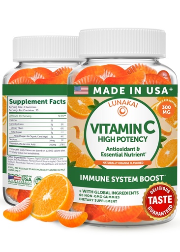 [BRSWYFIOAAAQYCDV] Lunakai USA Made High Potency Vitamin C Gummies for Adults and Kids - 300mg Immune Support - Non-GMO, Vegan, Delicious Orange Flavor, 60ct