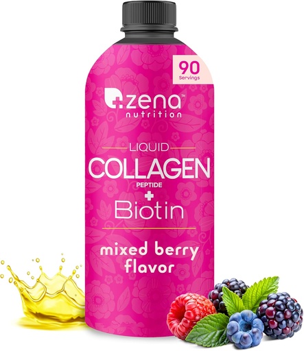 [BRSWYEL7AQBBYDYV] Zena Nutrition Liquid Collagen Peptides and Biotin, 2500mg Verisol Bioactive Collagen Peptides, 5000mcg Biotin, Hair, Skin, Nail Supplement for Women and Men, Mixed Berry, 90 Servings, 30 fl oz
