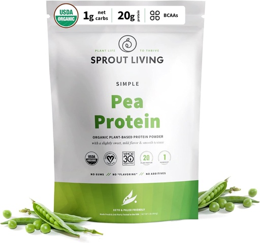 [BRSWGHT7OF7RYG33] Sprout Living Organic Pea Protein Powder, Unflavored, 20 gramos de po de proteína orgánica baseada en plantas sen edulcorantes artificiais, Non Dairy, Non-GMO, Vegan, Gluten Free (1 libra, 19 servizos)