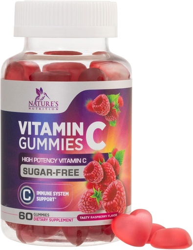 [BRSWYGI2BB5GODLK] Cukraus Free Vitaminas C Gummies - Imuninė parama & Antioksidantas VitaminC dietos priedas - Vegan, Non- GMO, Pienas & Gluten Free C Vitaminas Gummy - Aviečių skonio vaikams & suaugusiems - 60 Count Gummies