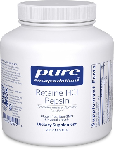 [BRSWIY37DMAWC2A7] Pure Encapsulations Betaine HCl Pepsin - Digestive Enzymes Supplement for Digestion Aid & Support, Stomach Acid & Nutrient Absorption* - with Betaine HCl Pepsin - 250 Capsules