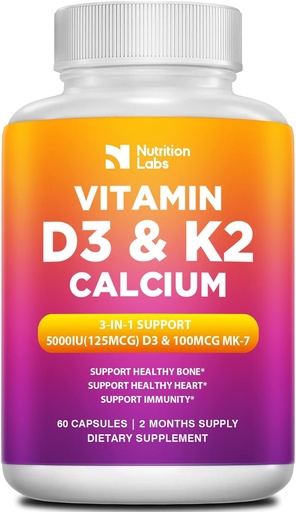 [BRSW2AIZOZ7AGG3F] Vitamina D3 K2 5000 UI Supliment cu Calciu, Multivitamine Susţine Sănătatea Imună, Oasele Puternice, Funcţii ale picioarelor şi inimii cu Extract Bioperine Black Pepper 60 Count (Pachetul de 1)
