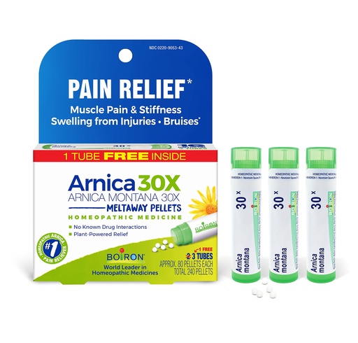 [BRSWGZ32B4NRYYD3] Boiron Arnica Montana 30X Homeopathic Medicine for Relief from Muscle Pain, Muscle Stiffness, Swelling from Injury, and Discoloration from Bruises - 3 Count (240 Pellets)