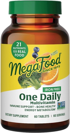 [BRSWIYQLC4DAEGYZ] MegaFood Um Ferro Diário Livre Multivitamin - Multivitamin para Mulheres e Homens - com Comida Real - Suplemento de Apoio Imune - Saúde Óssea - Metabolismo Energia - Vegetariano; Não-GMO; Não Ferro - 60 Comprimidos