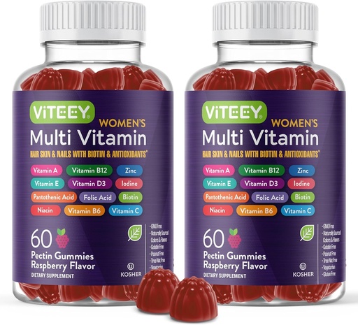 [BRSRMZY7CR4BOFLD] Viteey Ženy Multivitamínové Gummy - Imunitná podpora - 12 v 1 Základné vitamíny a minerály - Vitamín A, C, D3, E, B6, B12, Kyselina listová, biotín, vápnik, zinok a viac - Vegetarián - Malinová Ochutená