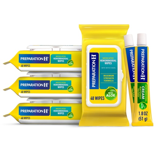[BRSRMGI5BF7AGFL7] Preparation H Hemorrhoid Wipes with Witch Hazel, 192 Ct Plus Preparation H Hemorrhoid Symptom Treatment Cream, 2 Tubes x 1.8 oz, Wipe Plus Treat for Better Relief, Hemorrhoid Care Bundle