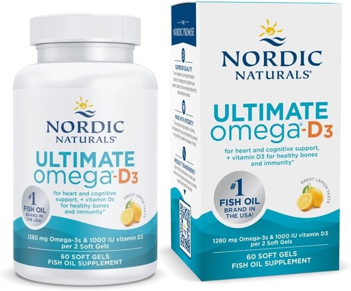 [BRSWIYYDOIMQ2C3E] Nordic Naturals Ultimate Omega-D3, Lemon Flavor - 60 Soft Gels - 1280 mg Omega-3 + 1000 IU Vitamin D3 - EPA & DHA - Promotes Brain, Heart, & Immune Health - 30 Servings