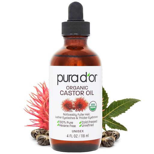 [BRSWGGALBMNBOETP] PURA D'OR 4 Oz ORGANIC Castor Oil - 100% Pure USDA Certified Cold Pressed, Hexane Free Eyelash & Eyebrow Serum - For Fuller, Thicker Lashes & Brows - Skin & Hair