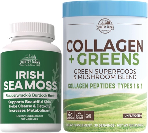 [BRSROHADAQBA4ELO] Country Farms ‘Beauty Pack Collagen + Greens Irish Sea Moss, Collagen for Skin, Hair Growth, Nails & Joints, Ultimate Beauty Support Gift, Pack of 2