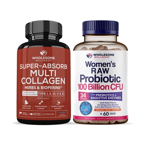 [BRSRAYD3ABYWMHQ2] Wholesome Wellness Super-Absorb Multi Collagen Pills (Type I II III V X) Organic Herbs and Bioperine + Dr. Formulated Raw Probiotics for Women 100 Billion CFUs with Prebiotics Bundle