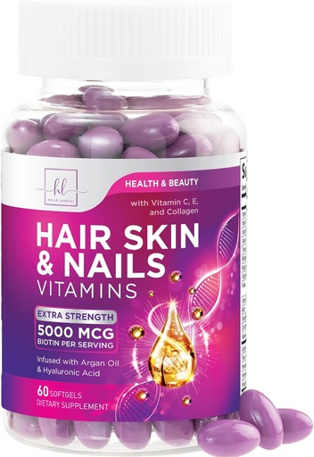 [BRSROAAOCICQAYDJ] Hair, Skin & Nails Vitamine per le donne - Biotin 5000mcg per sostenere la crescita dei capelli con l'olio di Argan, il collagene e l'acido ialuronico, bella, pelle più forte, Hair & Nails supplemento di vitamina - 60 Softgels