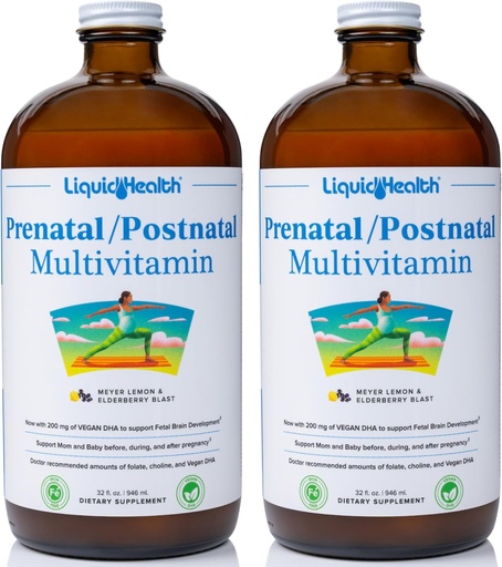 [BRSROFD2DECBMETJ] LIQUIDHEALTH Prenatal/Postatal Flere flytende kvinners multivitamin med ekte folat - Pre & postnatal vitaminer for før, under, etter graviditet - laget i USA, vegansk, sukkerfri, ikke-GMO (2-pakke)