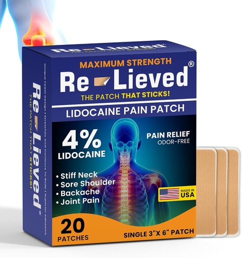 [BRSWG2Y7BEFGKCTX] Re-Lieved 4% Lidocaine Patches Maximum Strength - Aluminum-Free, Water Resistant and USA Made -Superior Sticking Pain Relief Patches Quickly Relieves Back, Joints and Muscle Pain-3x6 Inches (20 Count)