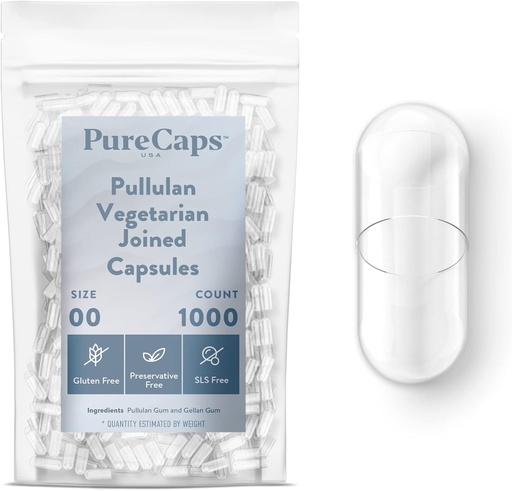 [BRSWGYYDPMJWOHTF] PureCaps USA - Prázdný Vegetarian Vegan Pullulan Pill Kapsle Velikost 00 Pullulan 124; 1000 spojených pilulek 124; Clear Pul124; Non- GMO Certified Pullulan 124; SLS, gluten, Preservative Free