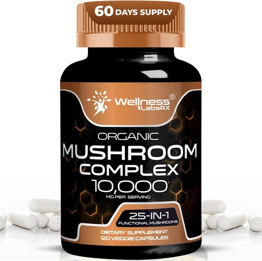 [BRSROAI6CV7GM3DD] WELLNESS LABSRX Mushroom Supplement Capsules 10:1 Extract, Mushroom Complex Capsules 1000mg, Lions Mane Supplement with Turkey Tail, Cordyceps, Reishi - 120 Count