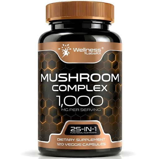 [BRSROAI6CV7GM3DD] WELLNESS LABSRX Mushroom Supplement Capsules 10:1 Extract, Mushroom Complex Capsules 1000mg, Lions Mane Supplement with Turkey Tail, Cordyceps, Reishi - 120 Count