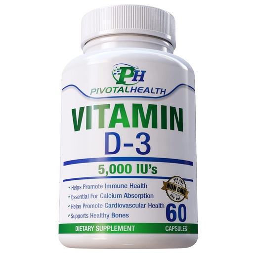 [BRSWYFIQOJYWKEQZ] PIvotal Health Products: Vitamina D3 5.000 UI - 5.000 UI de vitamina D en forma de cápsula. Fácil de Tragar y Funciona rápido