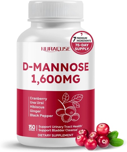 [BRSRAHQZOANGYHLO] Cranberry, Uva Ursi, Hibiscus, Ginger, Black Pepper와 함께 D-Mannose - 미국에서 제작 및 테스트 된 Urinary Tract Health, Bladder Cleanse 지원