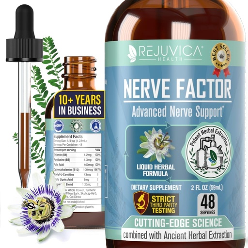 [BRSWGFIYOUBQ2C37] Rejuvica Health NerveFactor - Advanced Nerve Support Supplement - Liquid Delivery for Better Absorption - Acetyl-L-Carnitine, Alpha Lipoic Acid, Vitamina B12, Folic Acid, White Willow Bark &amp; More!