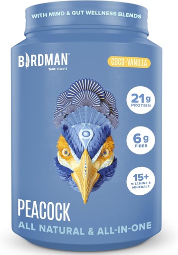 [BRSRAGQQCJ7AIEQY] BIRDMAN Peacock Vegan Protein Powder | Complete Plant Based Meal Replacement Shake with Magnesium, Vitamin D, MCT Oil | All in One Supplement for Men and Women | Smooth Texture | Coco Vanilla Flavor