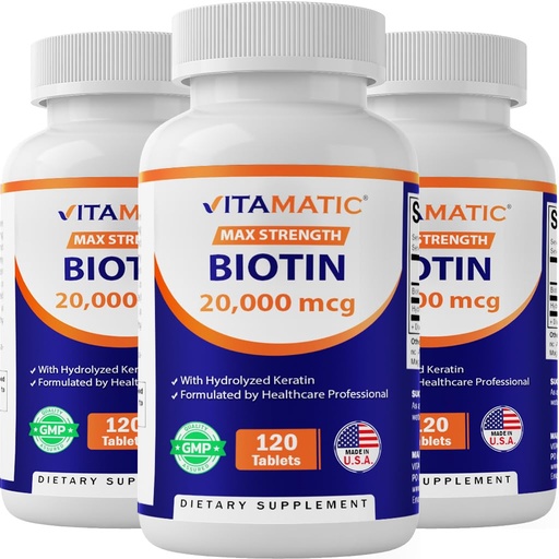[BRSRMYLRAR4GOCLA] Vitamatic High Potency Biotin 20000 mcg (20mg) with Keratin 100mg - 120 Tablets - Biotin Supplements for Healthy Hair Skin & Nails for Adults (120 Count (Pack of 3))