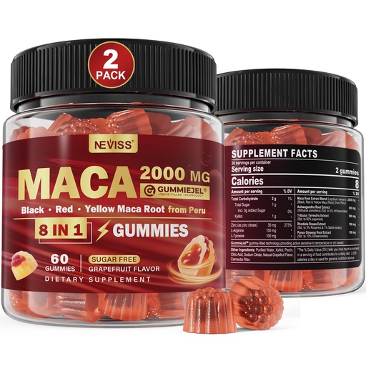 [BRSROHQDOYFR4YL3] 2 Pack Sugar Free Maca Root Gummies 2000mg with Ashwagandha, Tribulus Terrestris, Rhodiola, Panax Ginseng, L Arginine & L Tyrosine - Organic Black Red Yellow Maca Root for Women Men Energy Support