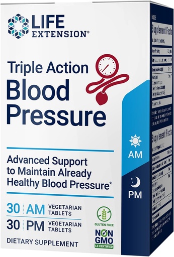 [BRSWKH3ZOV5QAH3G] Life Extension Triple Action Blood Pressure, Heart Health Supplement, quercetin, stevia Extract, melatonin, Morning and Night Support, Gluten-Free, Non-GMO, Vegetarian, 60 tabletter