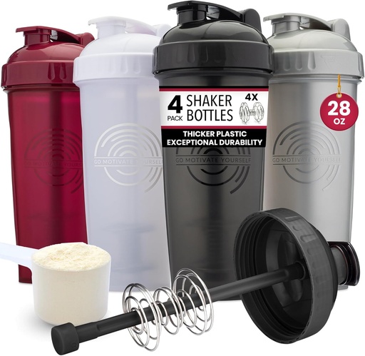 [BRSROCDYCIBWAE36] GOMOYO [4-Pack] 28-Ounce Shaker Bottle | Bulk Protein Shaker Bottle with Action-Rod Wire Mixer | Shaker Cups are BPA Free and Dishwasher Safe | Black, White, Gray & Maroon