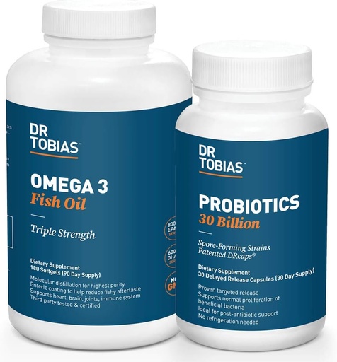 [BRSWYCAHCEIQMADA] Dr. Tobias Probiotics 30 Billion and Omega 3 Fish Oil (2000 mg) for Digestive Support & Overall Health