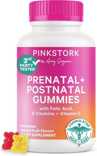 [BRSRAAQRCQMWC3LO] Pink Stork Fertilitet + Prenatal + Postnatal Gummy Vitaminer – Full morskap reise støtte – Multivitamin med folat, B vitaminer, sink og biotin – 60 Assortert frukt gummier