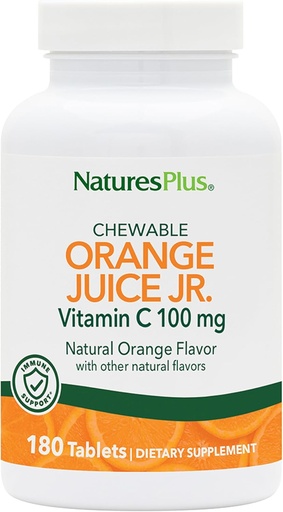 [BRSWIYTYCUOGA3Q7] NaturesPlus Orange Juice Jr. - 180 Μασώμενα Δισκία - 100 mg Βιταμίνη C - Υποστήριξη ανοσοποιητικού συστήματος - Απαλό στο στομάχι - Vegan, Χωρίς γλουτένη - 180 Σερβιέτες