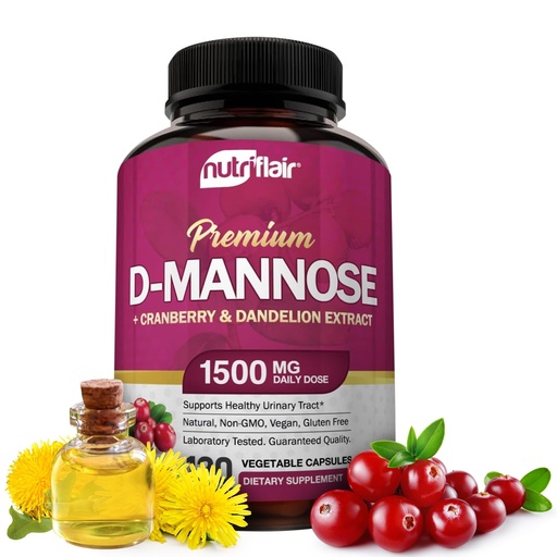 [BRSWGBINBEBR6HTX] NutriFlair D-Mannose 120 Capsules, 1500mg - with Cranberry and Dandelion Extract - Natural Urinary Tract Health UTI Support - Best D Mannose Powder - Flush Impurities, Detox Body, for Women and Men