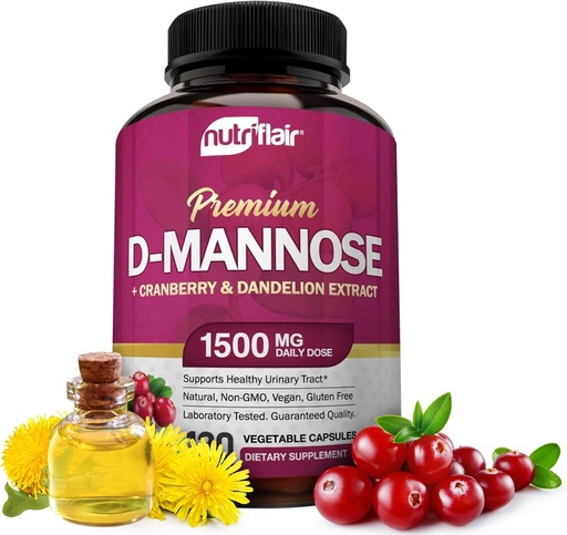 [BRSWGBINBEBR6HTX] NutriFlair D-Mannose 1200mg, 120 Capsules - with Cranberry and Dandelion Extract - Natural Urinary Tract Health UTI Support - Best D Mannose Powder - Flush Impurities, Detox Body, for Women and Men