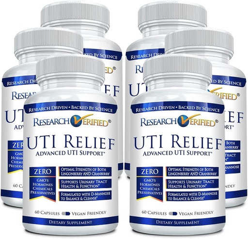 [BRSWKZIEPN6REHDI] Research Verified UTI Relief - Urinary Tract Supplement - 100% Natural, Vegan with Lingonberry, Cranberry & D-Mannose - 6 Botol (6 Pasokan Bulan)