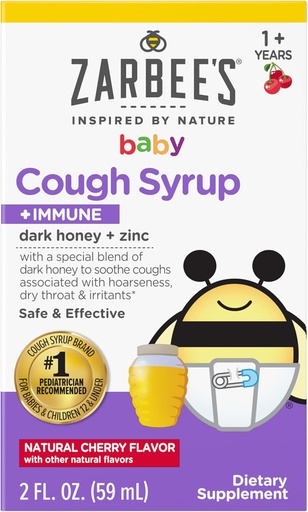 [BRSW2ZT4A4MGOEIY] Zarbee's Baby Honey Cough Syrup + Immune for Babies 12-24 Months, Safe & Effective Cough Syrup with Soothing Dark Honey & Zinc for Immune Support*, Drug & Alcohol-Free, Cherry, 2 fl. oz