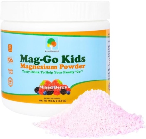 [BRSWG2Q6OIDRSA3A] Mag-Go Kids Constipatie Relief Magnesium Powder, Dagelijkse ondersteuning voor Digestieve Comfort voor kinderen, Gemakkelijk te mengen, Mild Taste, Clean Ingredients, Mixed Berry, 90 Servings