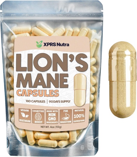 [BRSROBQNOIAWKF35] XPRS Nutra Organic Lions Mane Supplement Capsules - 180 Count (90 Day Supply) of Premium Lion's Mane Mushroom Capsules for Mental Clarity, Cognition and Immunity Lions Mane Powder Capsules