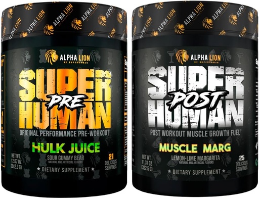 [BRSROHY7BV5QGEIU] ALPHA LION Superhuman Pre Workout Powder & Post Workout Recovery Bundle, Setrvalá energie & Focus + Lean Muscle Growth, Síla & Volume (Hulk Juice & Muscle Marg