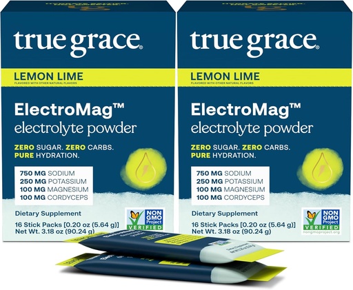 [BRSRA235CJYR6YD7] True Grace ElectroMag - 16 Stick Packs (Pack of 2) - Limon Lime - Rapid Hydration üçün Electrolyte Pudrası - Sodyum, Pium, Magnezyum & Cordyceps - Zero Sugar & Carbs - Qeyri-GMO - 32 Ümumi Xidmətlər