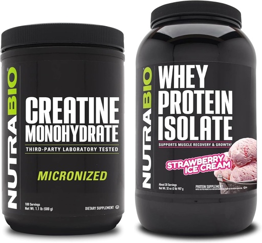 [BRSRAZ34BF4BU23O] NutraBio Creatine Monohydrate, Unflavored, 500g and Whey Protein Isolate, Strawberry Ice Cream, Supplement Bundle - Muscle Energy, Lean Muscle Growth, Recovery, and Strength