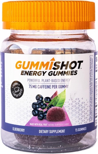[BRSROEITCNYBQAL6] GummiShot Energy Gummies, 1125 mg of Plant-Based Caffeine Chews per Bottle, Long Lasting Energy Boosters, Elderberry (15ct)