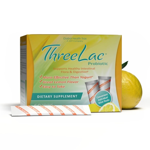 [BRSWIYQPO4AWCDAZ] Global Health Trax GHT - ThreeLac Lemon Probiotic Drink Mix for Digestive Health - Advanced Probiotic Powder Formula for Men, Women & Kids - Immune Support & Gut Balance, Non-GMO - 60 Packets