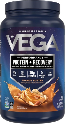 [BRSWGBA3A4IRU2YV] Vega Sport Vegan Protein Powder + Recovery - 30g Landareetan oinarritutako proteina zerbitzatu bakoitzeko, Peanut Butter, 19 zerbitzari, 5g BCAAs, Probiotikoak, NSF Certified, Shakes & Smoothies, 1,8lbs (Maiatzaren Vary)